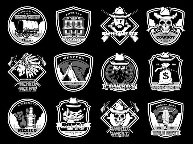 Wild West vaquero y sheriff cráneos, sombreros y pistolas insignia y conjunto de logotipos