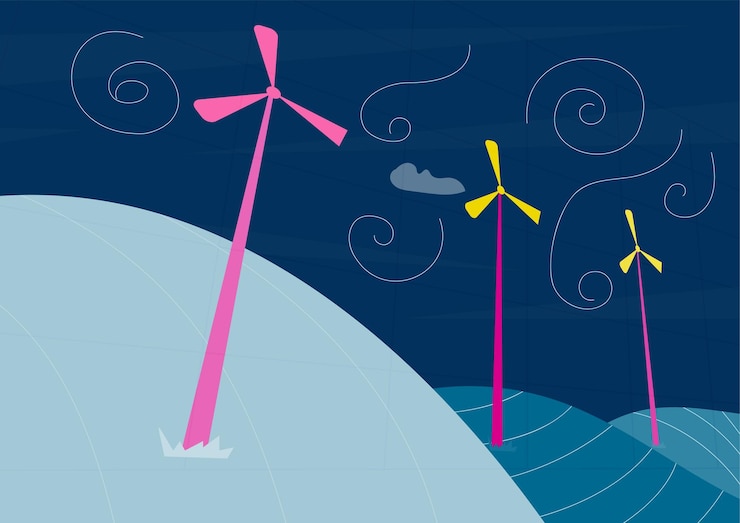 Vector windmills on hills flat vector illustration