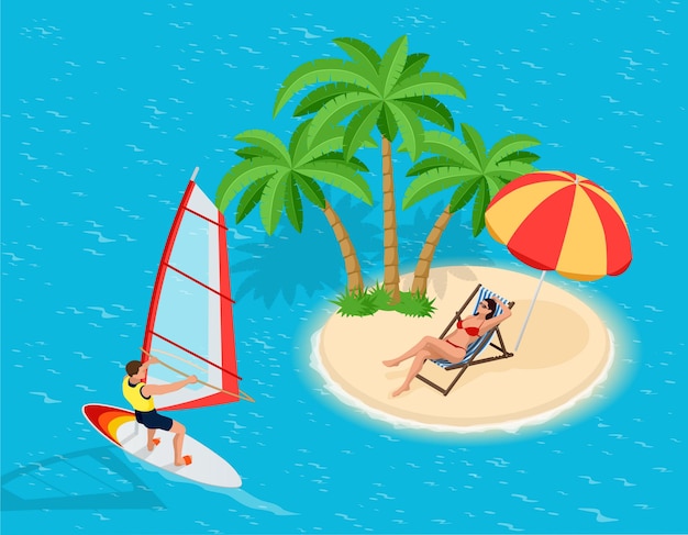Windsurfista en una tabla de windsurf. Concepto creativo de vacaciones. Deportes acuáticos. Windsurf, Diversión en el océano, Deporte extremo, Icono de windsurf, Windsurf