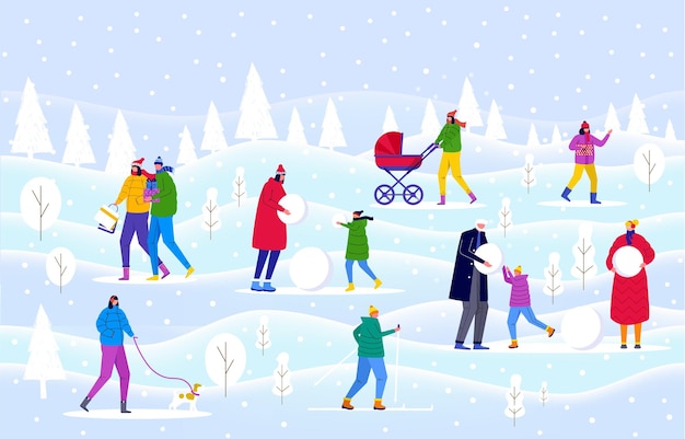Winter park, los padres caminan con los niños y se divierten al aire libre. La gente hace muñeco de nieve y trineos en el bosque. Plantilla de vector para tarjeta de invitación, diseño de volante, postal, fondo de vacaciones