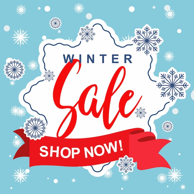 Winter sale banner label flyer snowflake ribbon