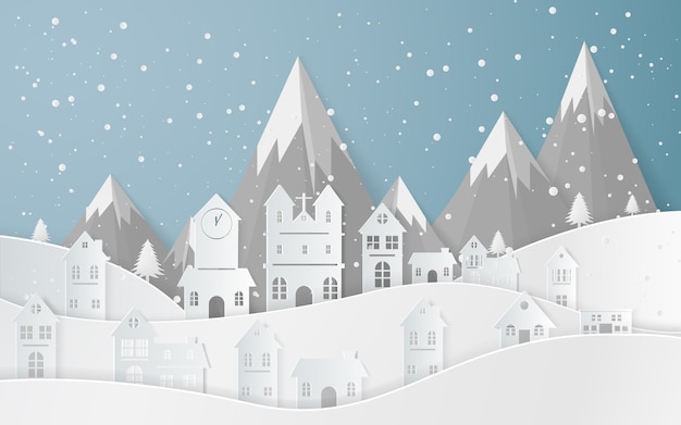 Winter Snow Landscape City Feliz año nuevo y Feliz Navidad, arte de papel y estilo artesanal.
