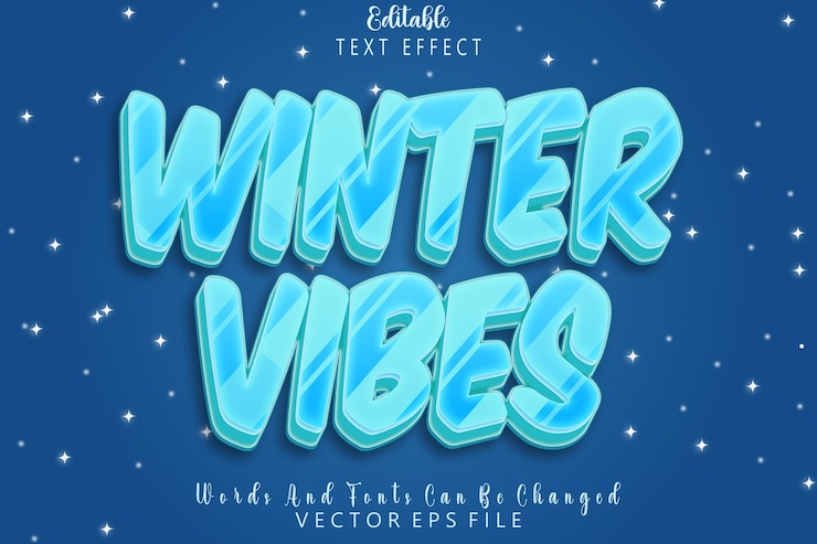 Vector winter vibes editable text effect relieve estilo de dibujos animados