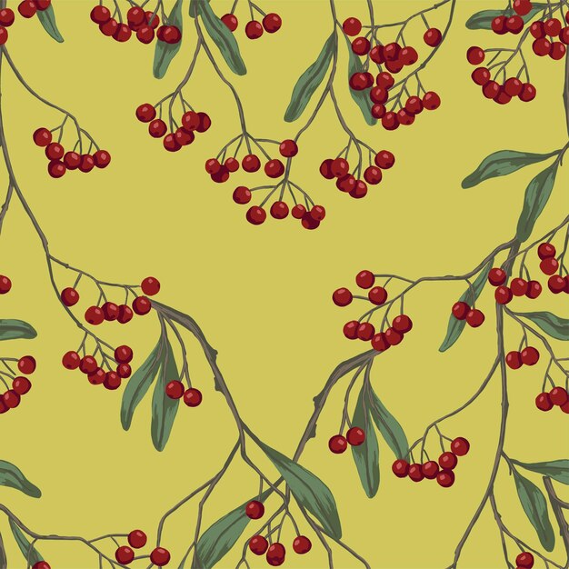 Winterberry, bayas de acebo en las ramas. Patrón transparente de vector. Fondo botánico. Diseño abstracto para estampados, papel tapiz, decoración, tela, textil.