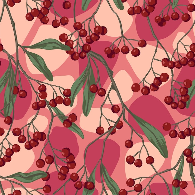 Winterberry, bayas de acebo en las ramas. patrón transparente de vector. fondo botánico. diseño abstracto para estampados, papel tapiz, decoración, tela, textil.