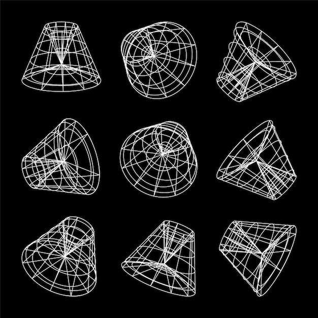 Wireframe formas alineadas malla de perspectiva cuadrícula 3d bajos elementos poli geométricos elementos de diseño futurista retro y2k vaporwave y estilo de onda sintética ilustración vectorial