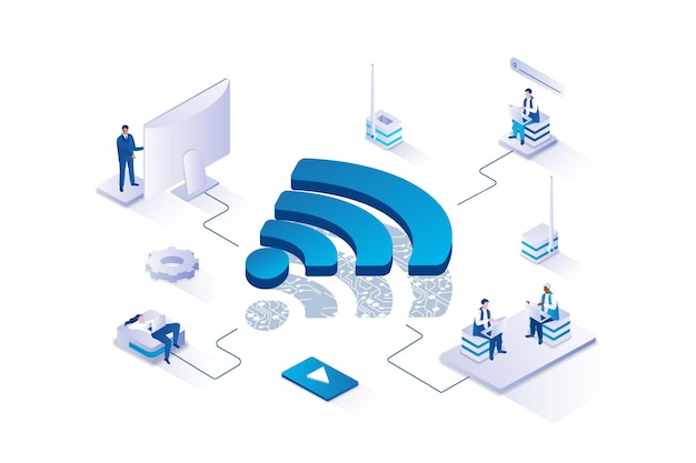 Wireless technology 3d isometric concept with isometry people design for web Users accessing to wifi hotspot to get internet connection from laptop computer or smart phone Vector illustration