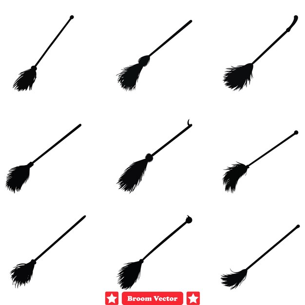 Witchy Essentials Broom Vector Set para diseños místicos Decoración de Halloween e Ilustraciones de fantasía