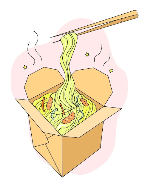 wok comida china. fideos en una caja con carne y palillos chinos