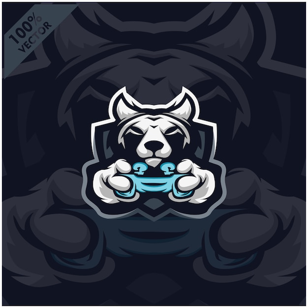 Vector wolf gamer con consola de juegos joystick. diseño de logotipo de mascota para el equipo de esport.