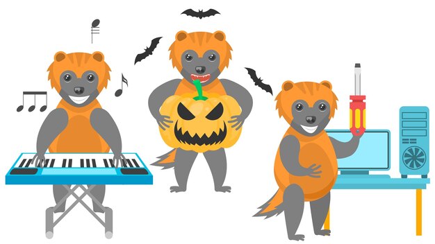 Wolverines arreglando una computadora, se para con una calabaza y murciélagos, toca el vector del sintetizador