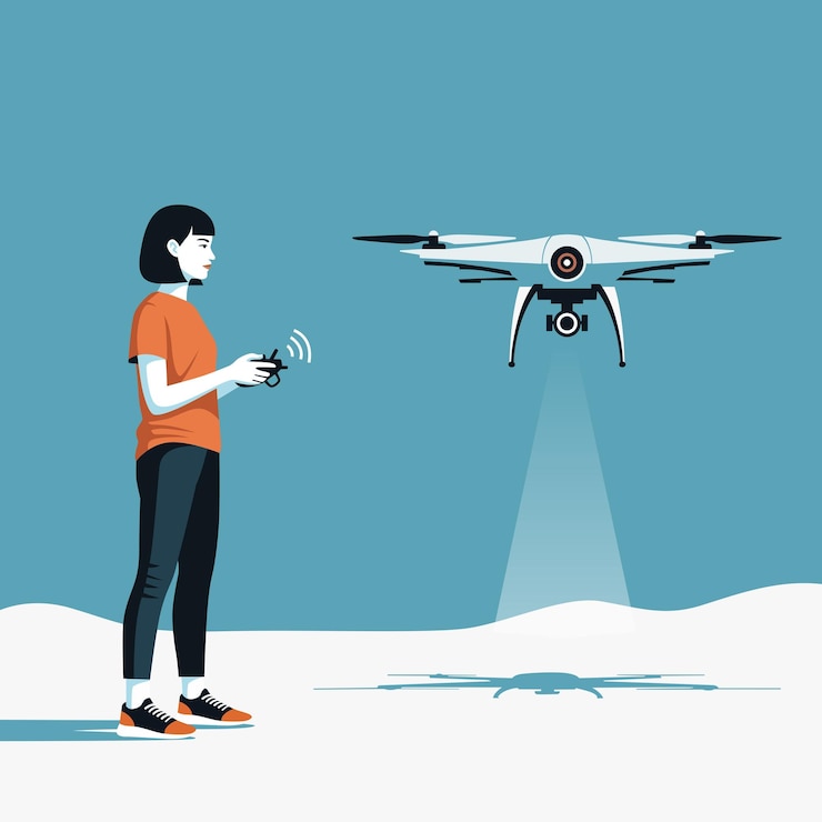 Vector woman controlling a drone with remote vector flat design