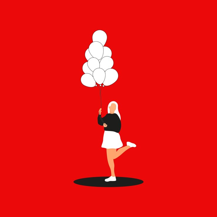 Vector woman holding balloons on a red background