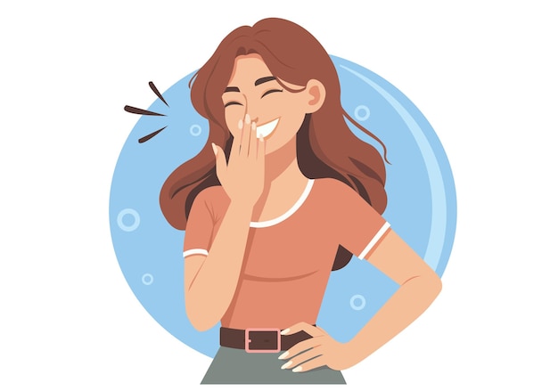 A woman is laughing with her hand covering her mouth