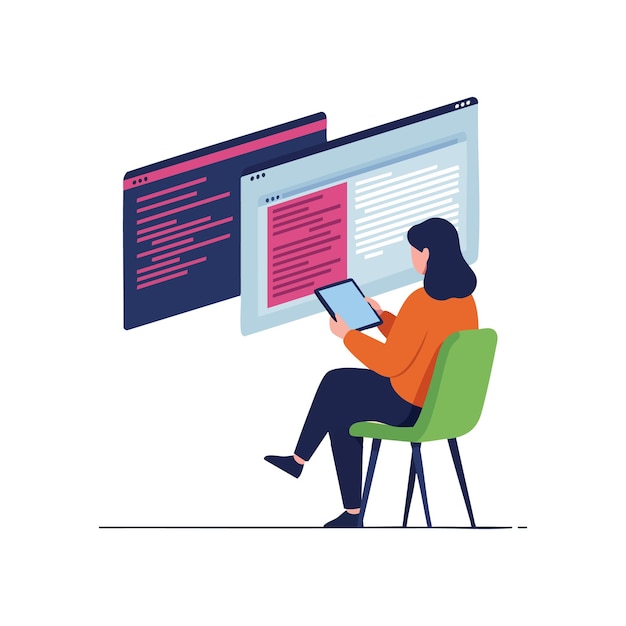 Woman Working on Computer Coding and Programming with Tablet in Modern Workspace Vector Illustration