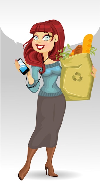 Womanl con el paquete de alimentos saludables y el teléfono y la burbuja del discurso