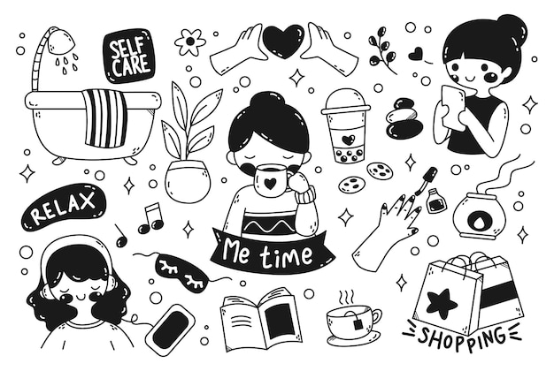 Womans me time concept doodle elemento vectorial