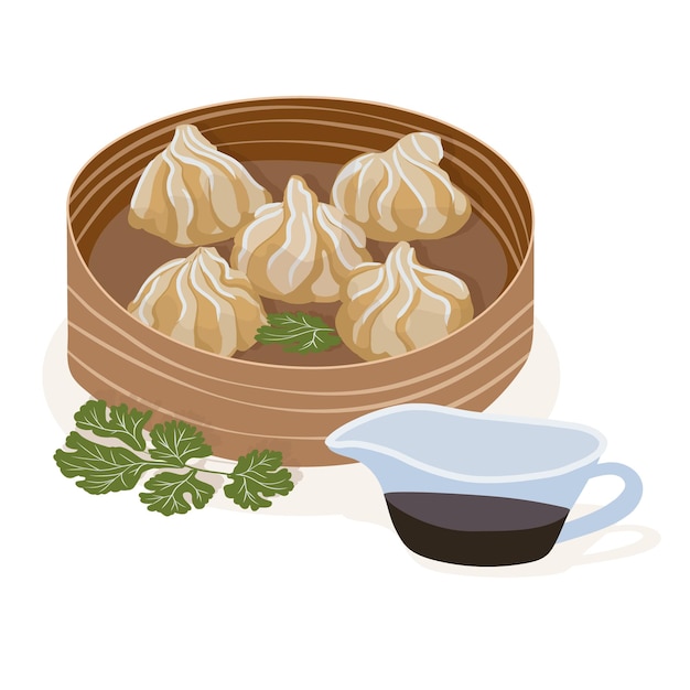 Wontons en un plato de haya Comida tradicional china Ilustración vectorial