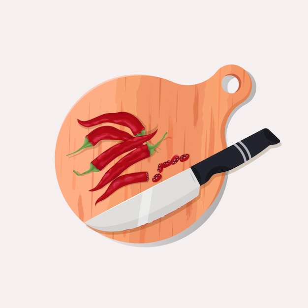 Wooden chopping board and knife with sliced red chili stock design