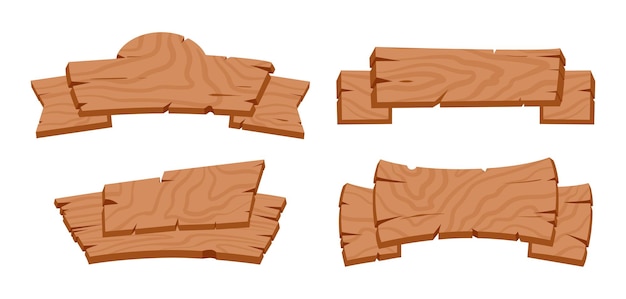 Wooden ribbons Rustic blank sign boards and ribbon planks wooden ribbon planks flat vector illustration set Vintage curved wood banners