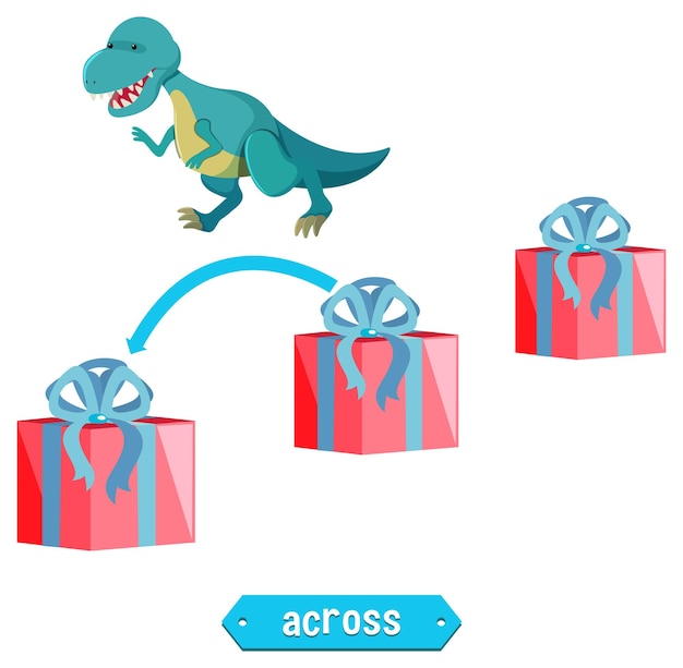 Wordcard de preposición con dinosaurio saltando a través de cajas