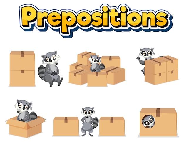 Wordcard de preposición con mapache y cajas.