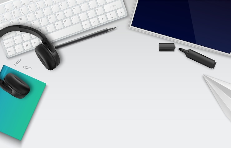 Vector workspace with office supplies: keyboard, headphones, tablet and pen
