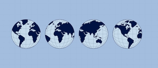 World map set Europe Asia America Oceania globe maps World globe icons isolated on blue background Terrestrial globes