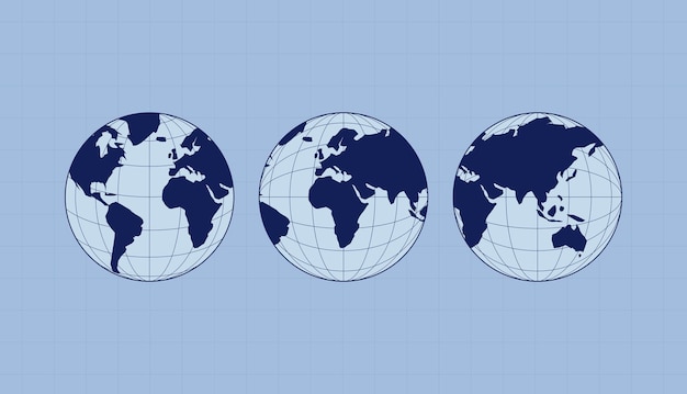 World map set Europe Asia America Oceania globe maps World globe icons isolated on blue background Terrestrial globes