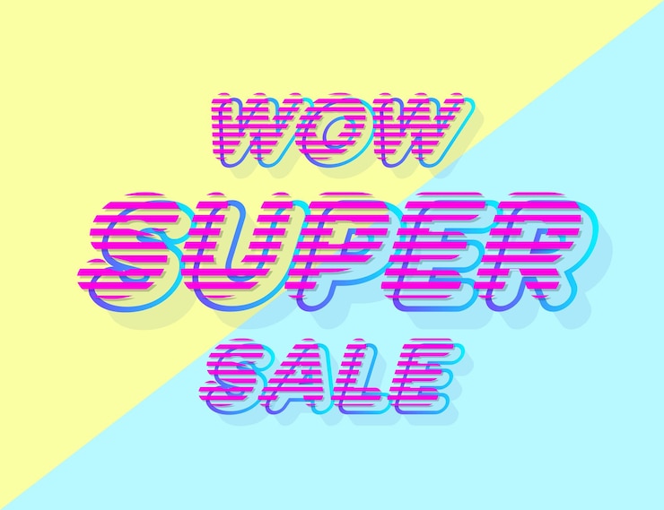 Vector wow, súper venta, banner, estilo colorido, en, amarillo, fondo azul, para, promoción, venta, fiesta, decoración, tarjeta, fuente, tipografía moderna, vector, ilustración, 10, eps