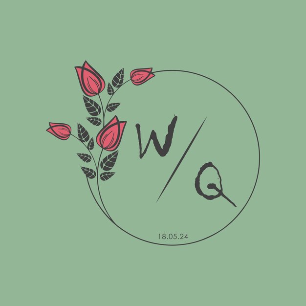 WQ monograma inicial algunas rosas Círculo de boda con diseño creativo