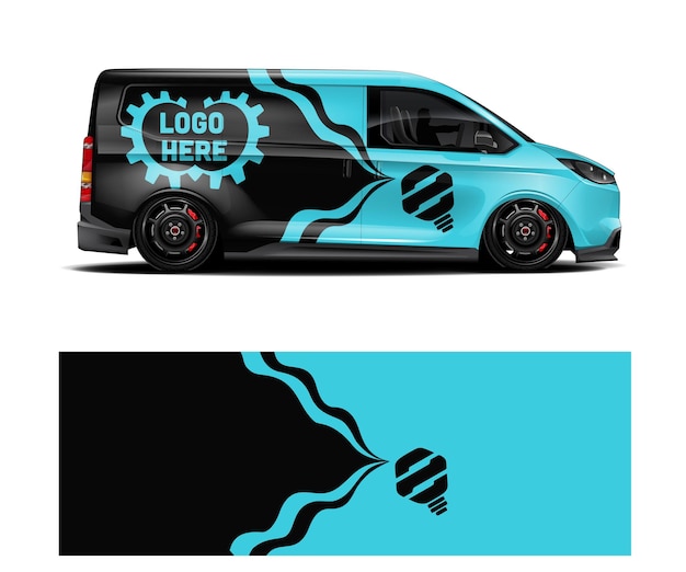 Wrap de furgoneta azul y negra con motivos de engranajes y bombillas