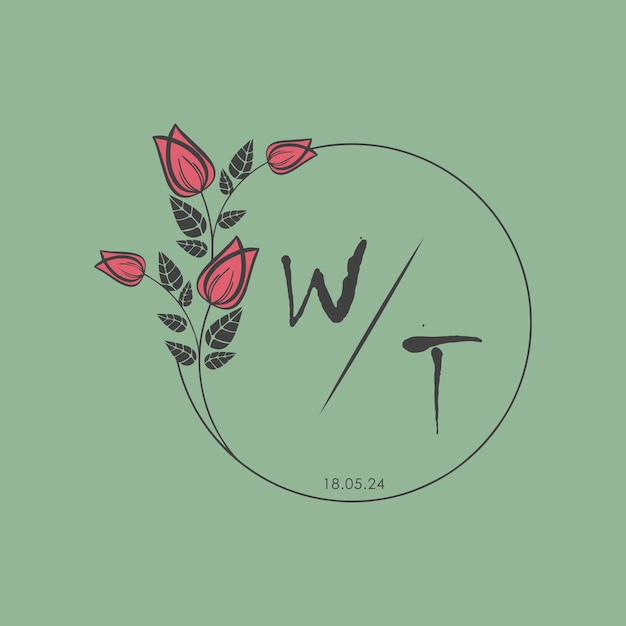 WT monograma inicial de algunas rosas Círculo de boda con diseño creativo