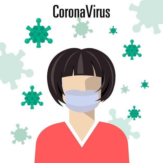 Wuhan Novel coronavirus 2019nCoV mujer con máscara médica con bacterias volando a su alrededor en el aire