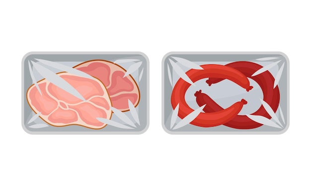 Wurst en rodajas y placa de carne de res en un conjunto vectorial de bandeja de plástico