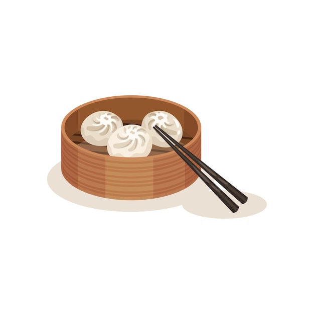 Xiao long bao o albóndigas al vapor en recipiente de madera y palillos Tradicional plato de la cocina malaya Tema culinario Elemento gráfico para el menú de un restaurante asiático Diseño vectorial plano aislado