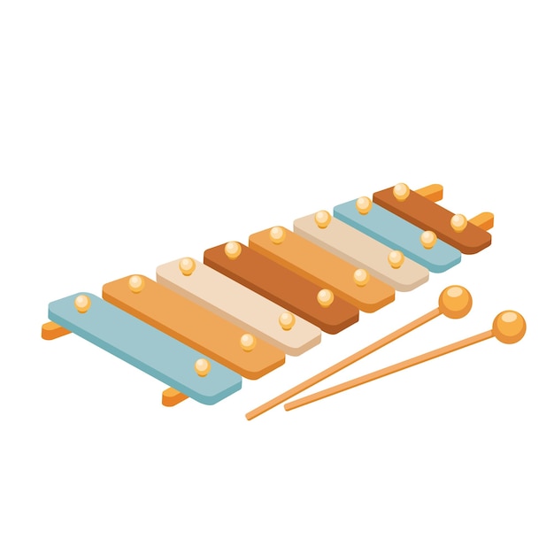 Vector xilofón de madera colorido vectorial con palos sobre un fondo blanco