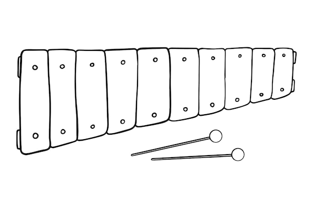 Xilófono de madera con palos instrumento musical de percusión doodle dibujos animados lineales