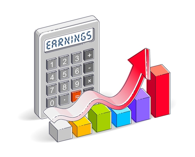 Éxito empresarial y concepto de ganancias, calculadora y tabla de crecimiento con flecha aislada en fondo blanco. Vector 3d ilustración isométrica de negocios y finanzas.