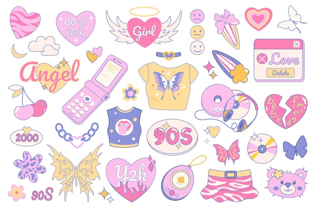 Y2k y 90s objetos de estilo vintage mega set en diseño plano gráfico Elementos de paquete de corazones rosas sonrisas mariposas teléfono móvil camiseta reproductor de cd otra ilustración vectorial pegatinas aisladas