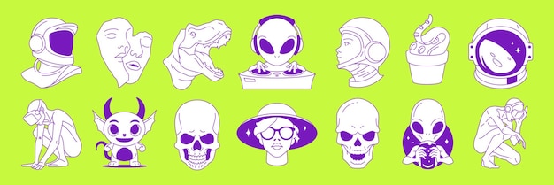 Y2K: arte pop de moda, ciencia ficción, futurismo, tatuajes contemporáneos, bocetos de iconos, conjunto de vectores planos.