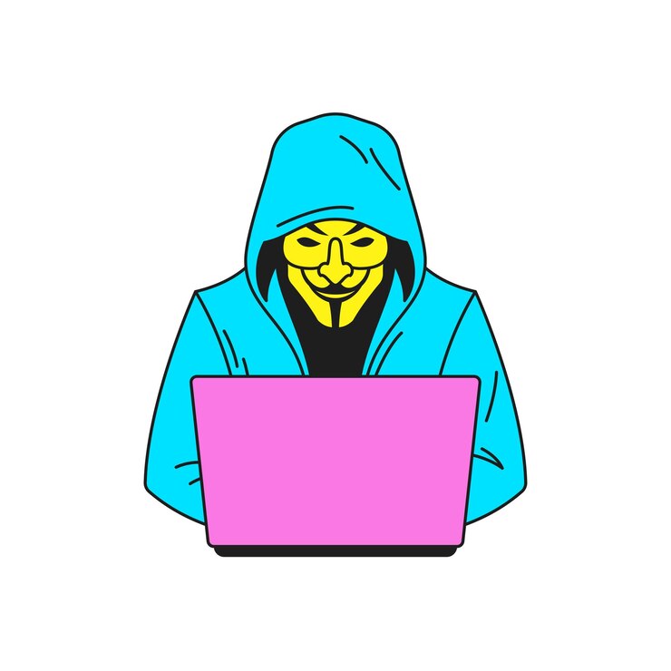 Vector y2k ataque de crimen cibernético hacker masculino trabajando en portátil icono de estilo groovy ilustración plana vectorial hombre con capucha ciberspacio seguridad web virus fraude hilo información pegatina de moda para impresión de camiseta