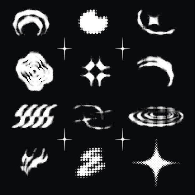 Y2K: Colección de íconos de medio tono punteados de formas pixeladas abstractas Conjunto de símbolos vectoriales retro para un 12