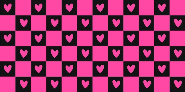 Y2k Emo y Goth patrones sin fisuras a cuadros con corazones, fondo negro y rosa de la década de 2000