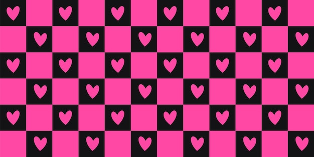 Vector y2k emo y goth patrones sin fisuras a cuadros con corazones, fondo negro y rosa de la década de 2000