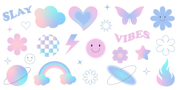 Y2K estética borrosa adhesivos de gradiente retró iconos caras sonrientes estrellas margarita flor amplificador pastel