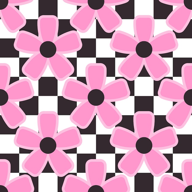 Y2K flores a cuadros patrón sin costuras fondo retro floral multicolor geométrico
