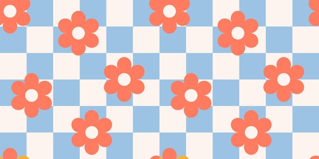 Y2K fondo retro flores abstractas en el tablero de ajedrez Estética de los años 90 estilo de los años 2000