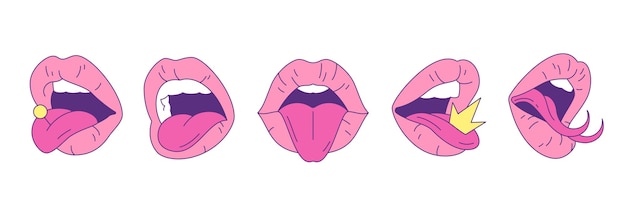 Y2K Glamour labios femeninos con lengua conjunto de ilustraciones vectoriales de arte pop contemporáneo