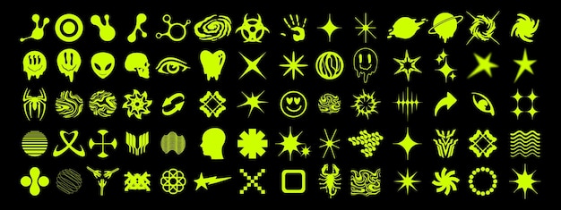 Y2k graphic icon retro set space futuristic logo kit brutalist acid groovy shapes collection Planet symbol modern 2000s cyber heart decoration clipart 90s stars techno symbol Y2k pixel tattoo icon
